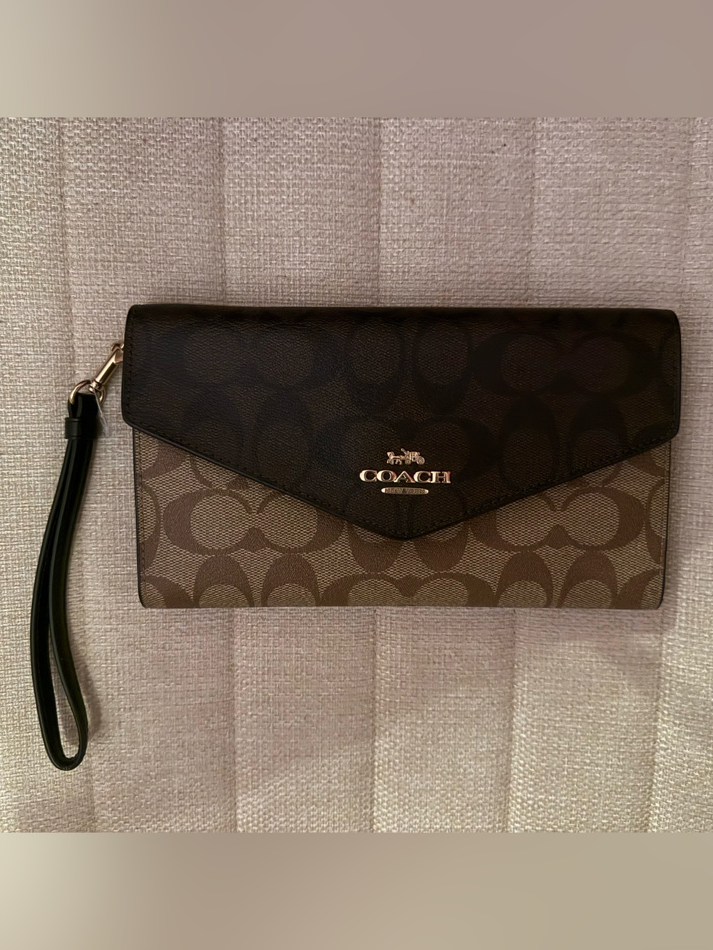 Coach Two-Tone Signature Wristlet in Brown and Black